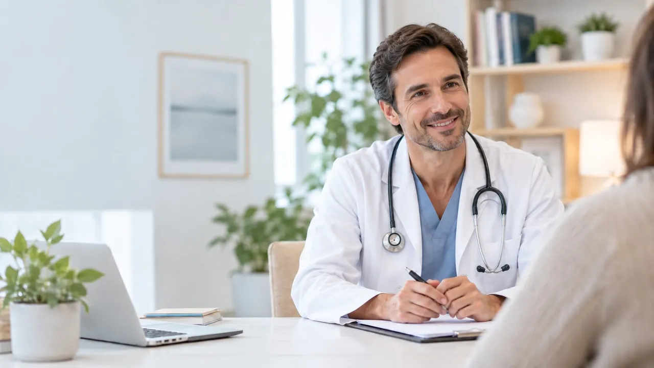 Médico sonriendo mientras atiende a una paciente en consulta